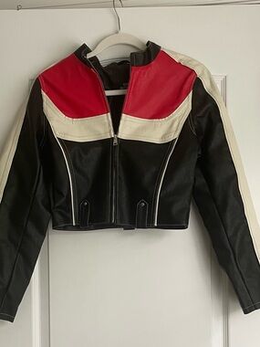Urban Outfitters Black Faux Leather Cropped Moto Jacket with Red & Cream Panels